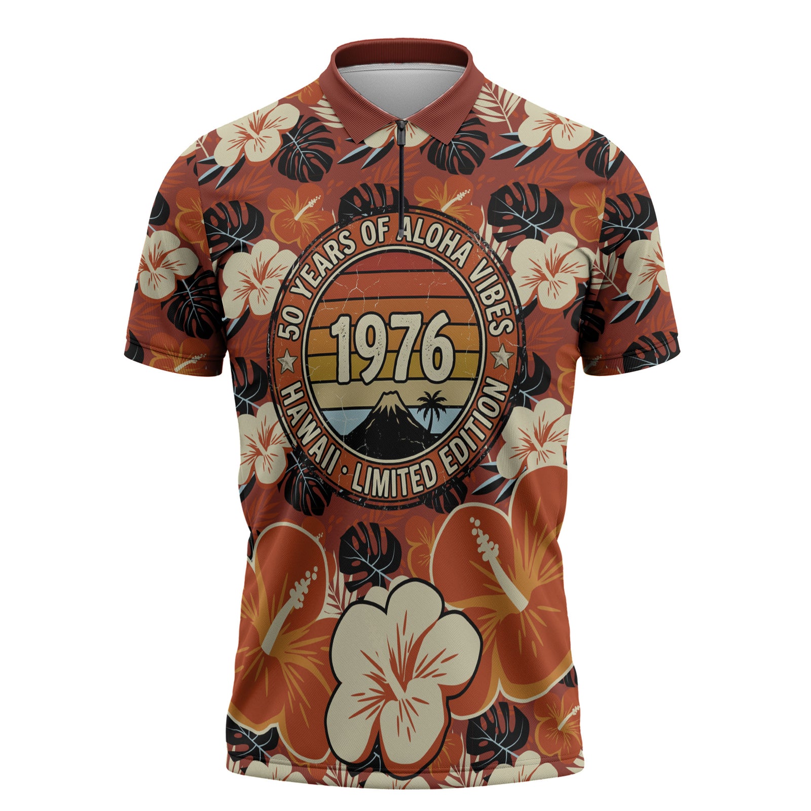 Hawaii 50th Birthday Zipper Polo Shirt Vintage 1976 Limited Edition Floral Surfboard Aloha Vibes TS04 Orange Brown - Polynesian Pride