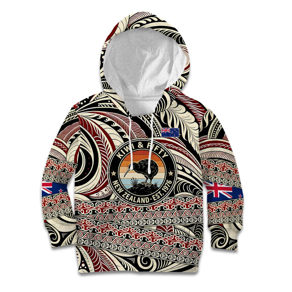 New Zealand 50th Birthday Kiwi Kid Hoodie Vintage Est 1976 Kiwi Sunset Maori TS04 Hoodie Red Beige - Polynesian Pride