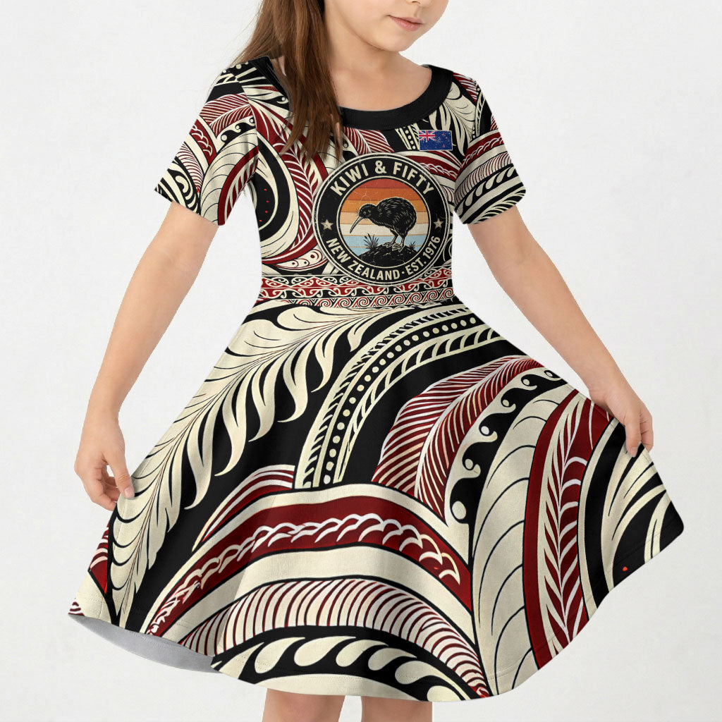 New Zealand 50th Birthday Kiwi Kid Short Sleeve Dress Vintage Est 1976 Kiwi Sunset Maori TS04 KID Red Beige - Polynesian Pride