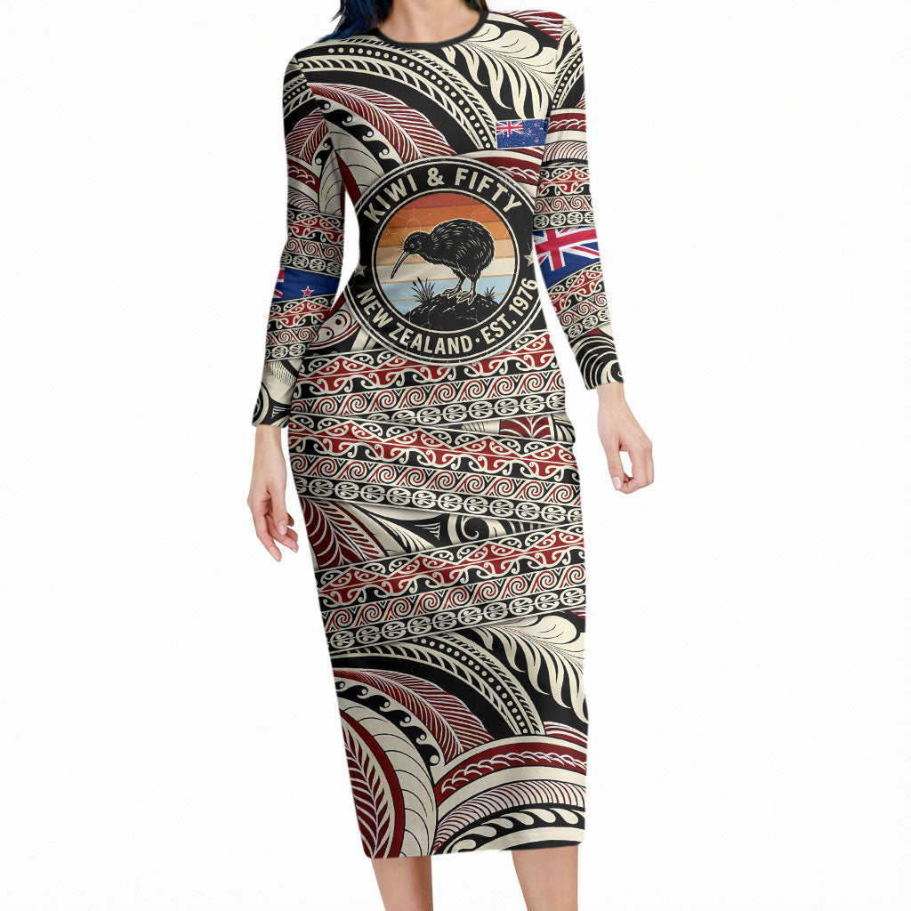 New Zealand 50th Birthday Kiwi Long Sleeve Bodycon Dress Vintage Est 1976 Kiwi Sunset Maori TS04 Long Dress Red Beige - Polynesian Pride