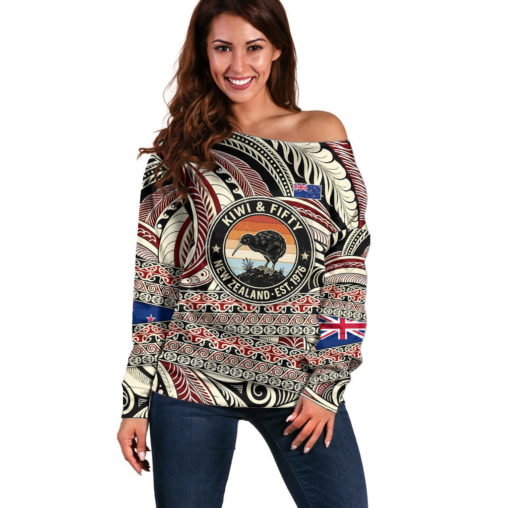 New Zealand 50th Birthday Kiwi Off Shoulder Sweater Vintage Est 1976 Kiwi Sunset Maori TS04 Women Red Beige - Polynesian Pride