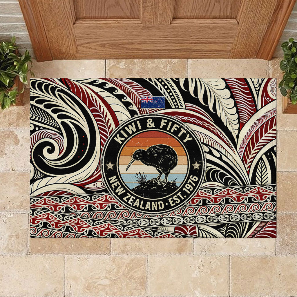 New Zealand 50th Birthday Kiwi Rubber Doormat Vintage Est 1976 Kiwi Sunset Maori TS04 Red Beige - Polynesian Pride