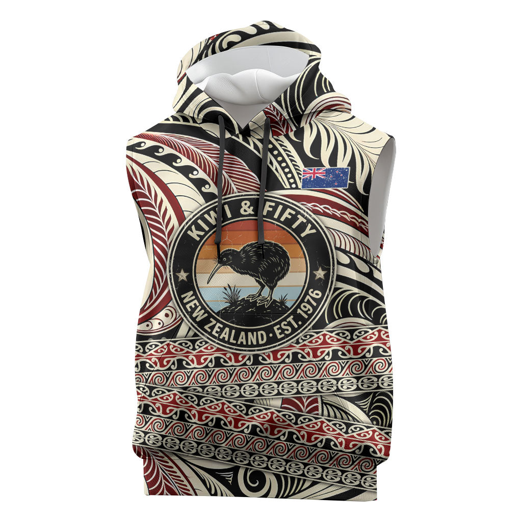 New Zealand 50th Birthday Kiwi Sleeveless Hoodie Vintage Est 1976 Kiwi Sunset Maori TS04 Red Beige - Polynesian Pride