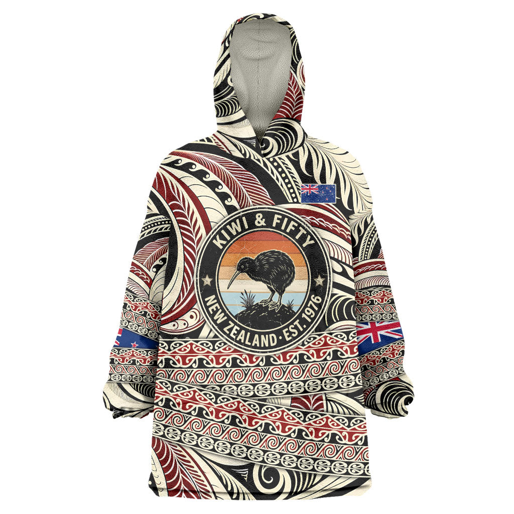 New Zealand 50th Birthday Kiwi Wearable Blanket Hoodie Vintage Est 1976 Kiwi Sunset Maori TS04 One Size Red Beige - Polynesian Pride