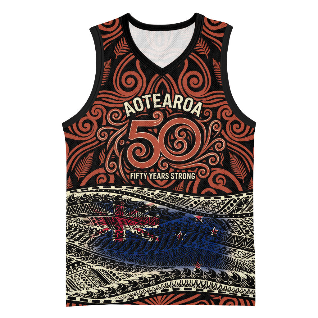 Personalised New Zealand 50th Birthday Basketball Jersey Aotearoa Tribal Pattern Silver Fern Flag TS04 Unisex Red Black - Polynesian Pride