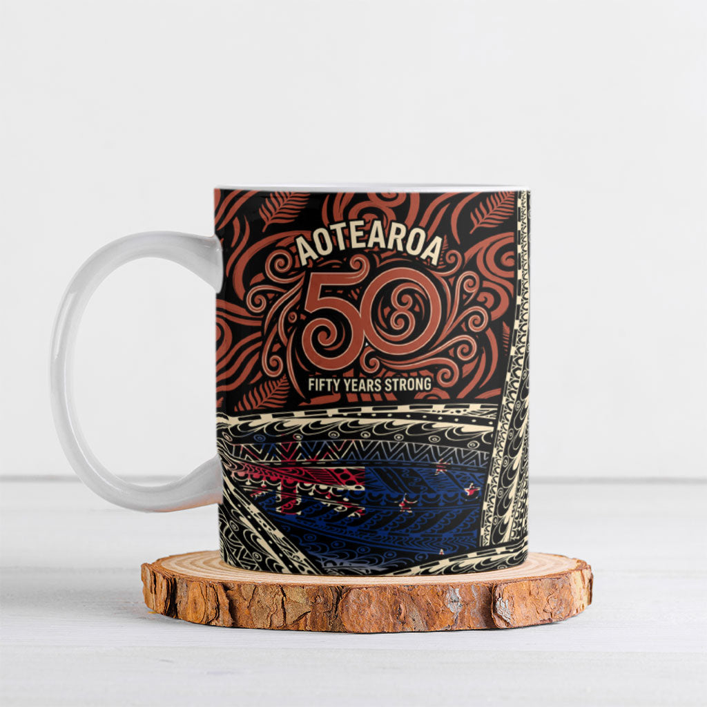 Personalised New Zealand 50th Birthday Ceramic Mug Aotearoa Tribal Pattern Silver Fern Flag TS04 Red Black - Polynesian Pride