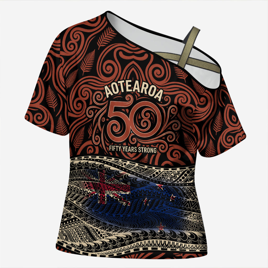 Personalised New Zealand 50th Birthday Cross Shoulder Shirt Aotearoa Tribal Pattern Silver Fern Flag TS04 Female Red Black - Polynesian Pride