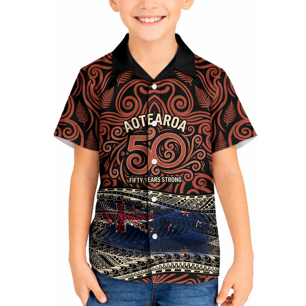 Personalised New Zealand 50th Birthday Kid Hawaiian Shirt Aotearoa Tribal Pattern Silver Fern Flag TS04 Kid Red Black - Polynesian Pride
