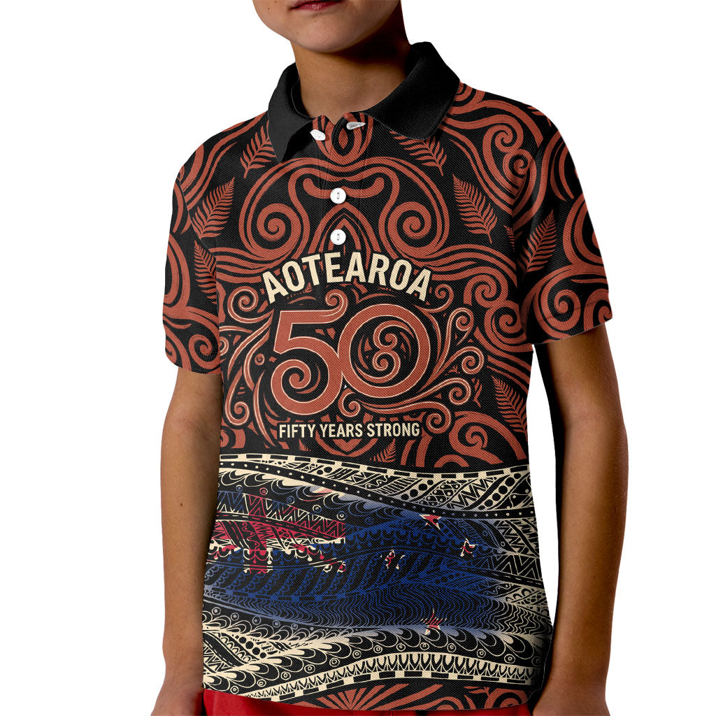 Personalised New Zealand 50th Birthday Kid Polo Shirt Aotearoa Tribal Pattern Silver Fern Flag