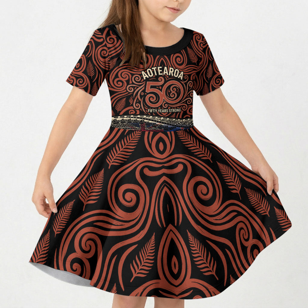 Personalised New Zealand 50th Birthday Kid Short Sleeve Dress Aotearoa Tribal Pattern Silver Fern Flag TS04 KID Red Black - Polynesian Pride