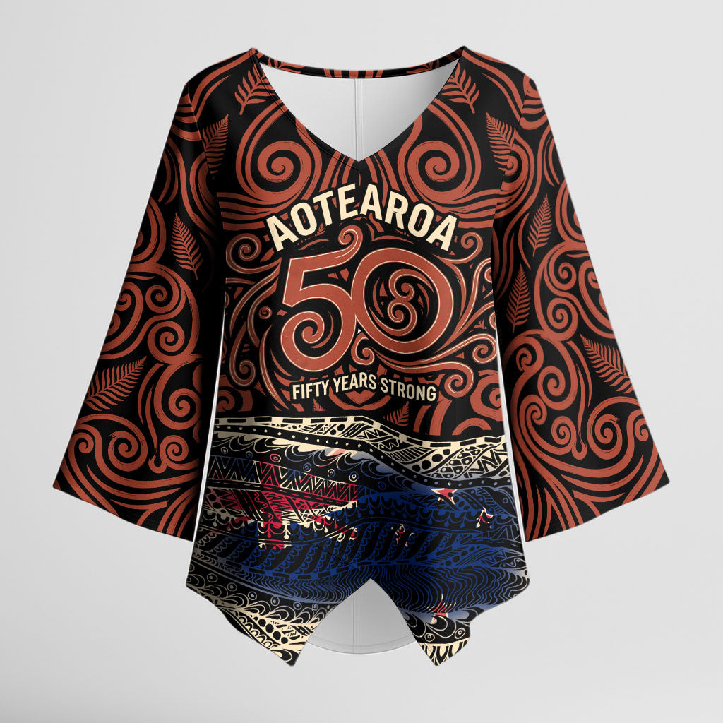 Personalised New Zealand 50th Birthday Kimono Sleeve Blouse Aotearoa Tribal Pattern Silver Fern Flag TS04 Female Red Black - Polynesian Pride