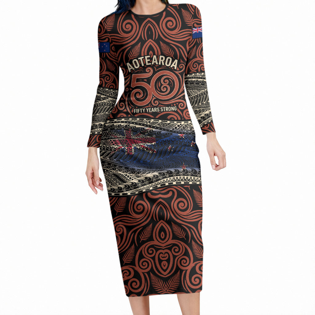 Personalised New Zealand 50th Birthday Long Sleeve Bodycon Dress Aotearoa Tribal Pattern Silver Fern Flag TS04 Long Dress Red Black - Polynesian Pride