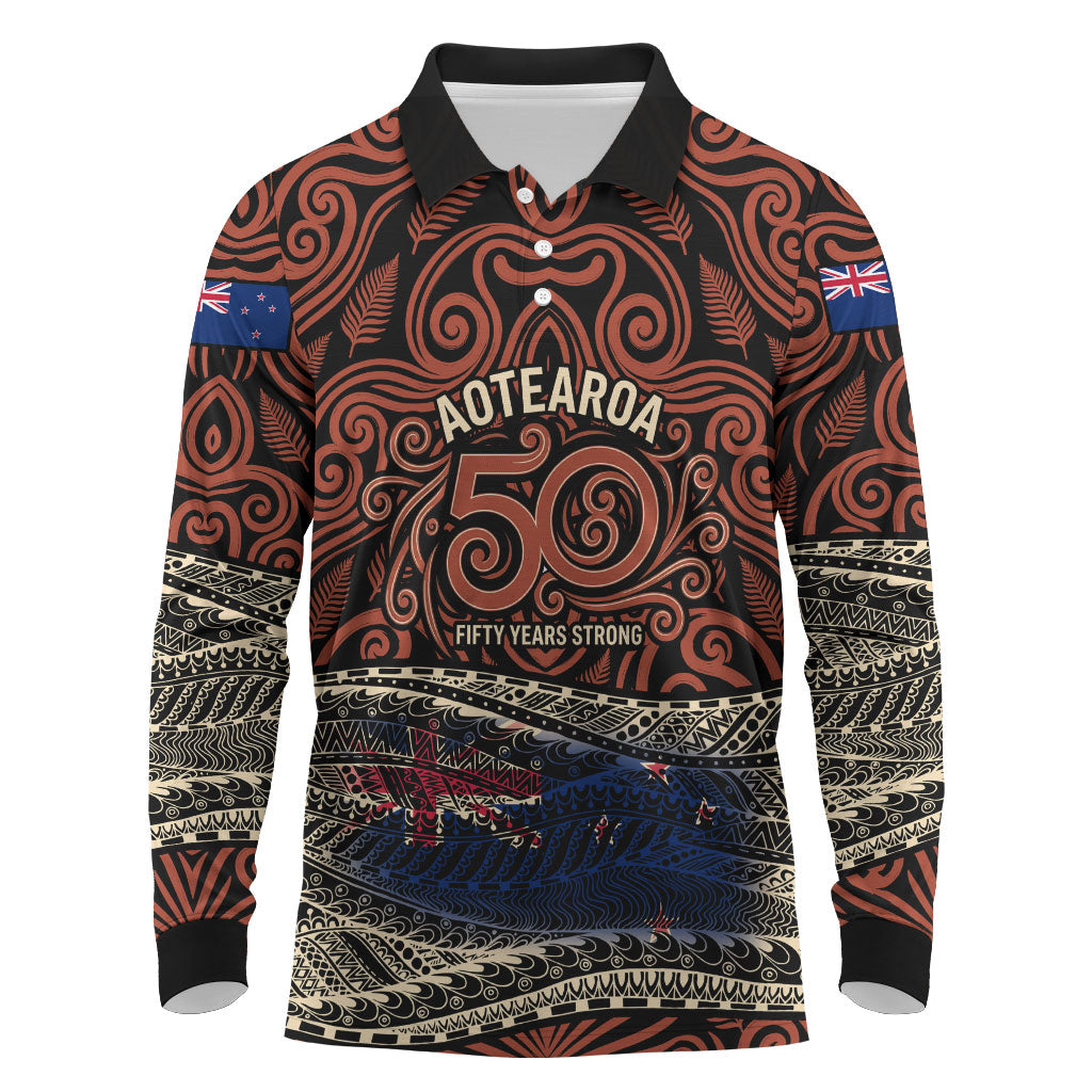 Personalised New Zealand 50th Birthday Long Sleeve Polo Shirt Aotearoa Tribal Pattern Silver Fern Flag