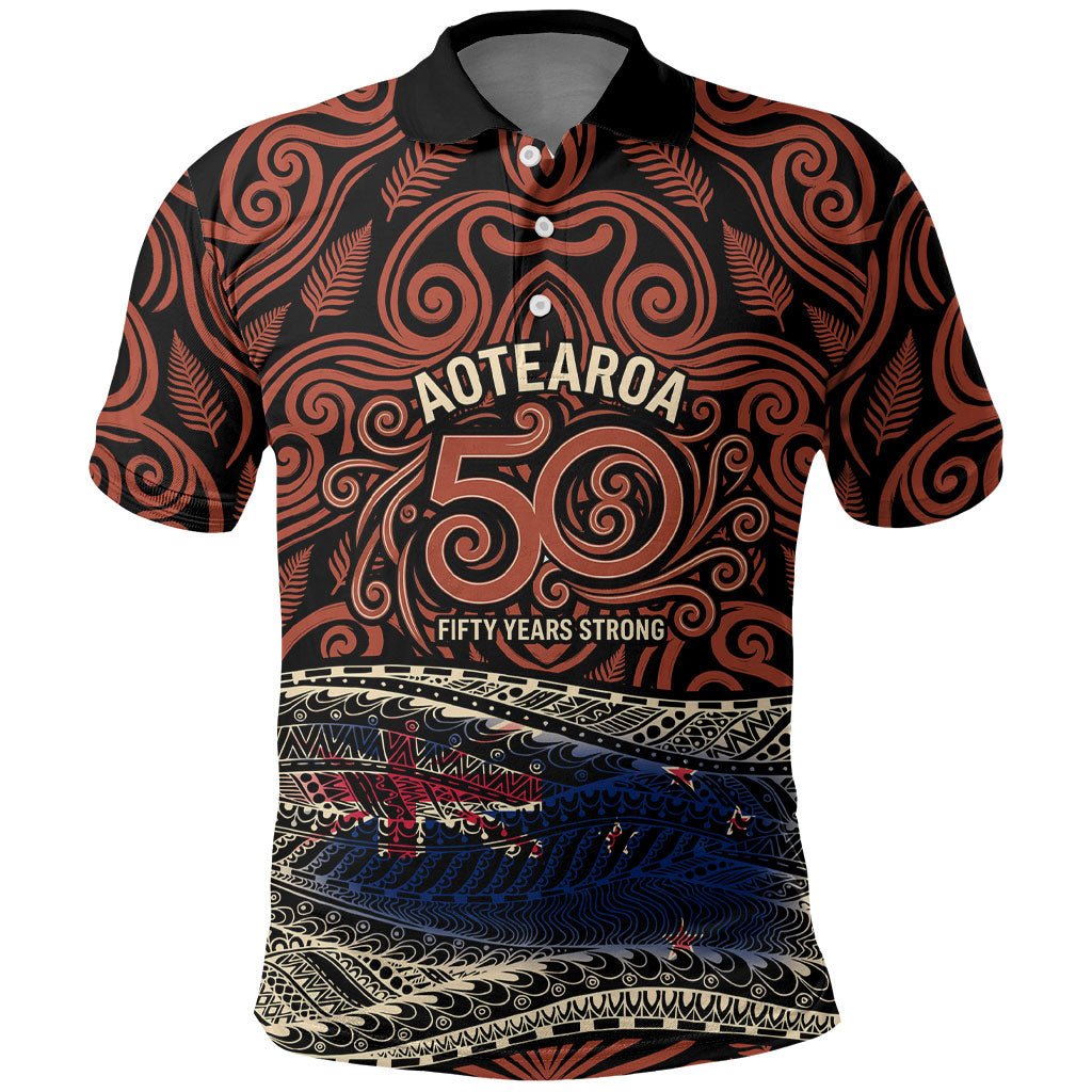 Personalised New Zealand 50th Birthday Polo Shirt Aotearoa Tribal Pattern Silver Fern Flag