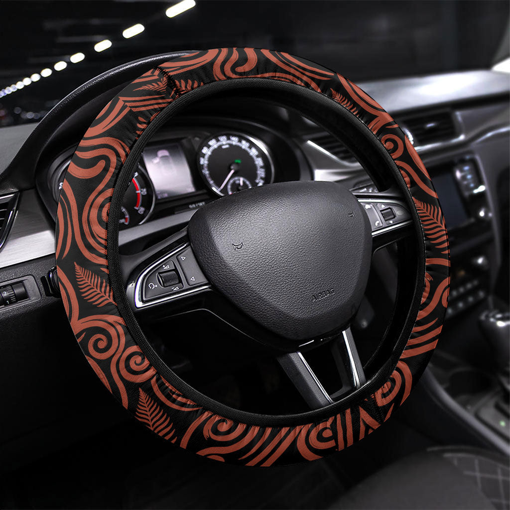 New Zealand 50th Birthday Steering Wheel Cover Aotearoa Tribal Pattern Silver Fern Flag TS04 Universal Fit Red Black - Polynesian Pride