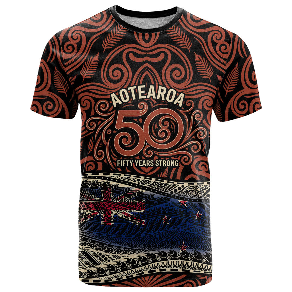 Personalised New Zealand 50th Birthday T Shirt Aotearoa Tribal Pattern Silver Fern Flag