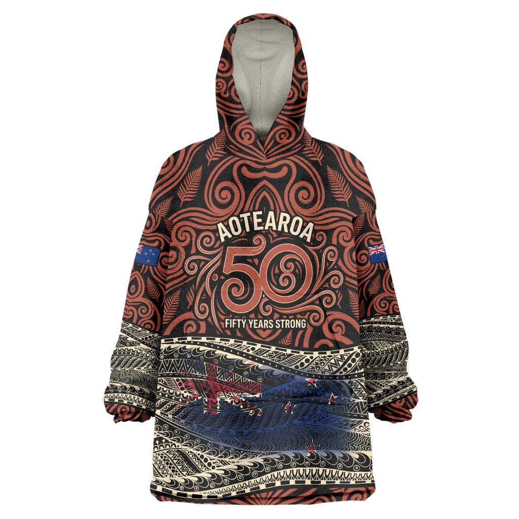 Personalised New Zealand 50th Birthday Wearable Blanket Hoodie Aotearoa Tribal Pattern Silver Fern Flag TS04 One Size Red Black - Polynesian Pride