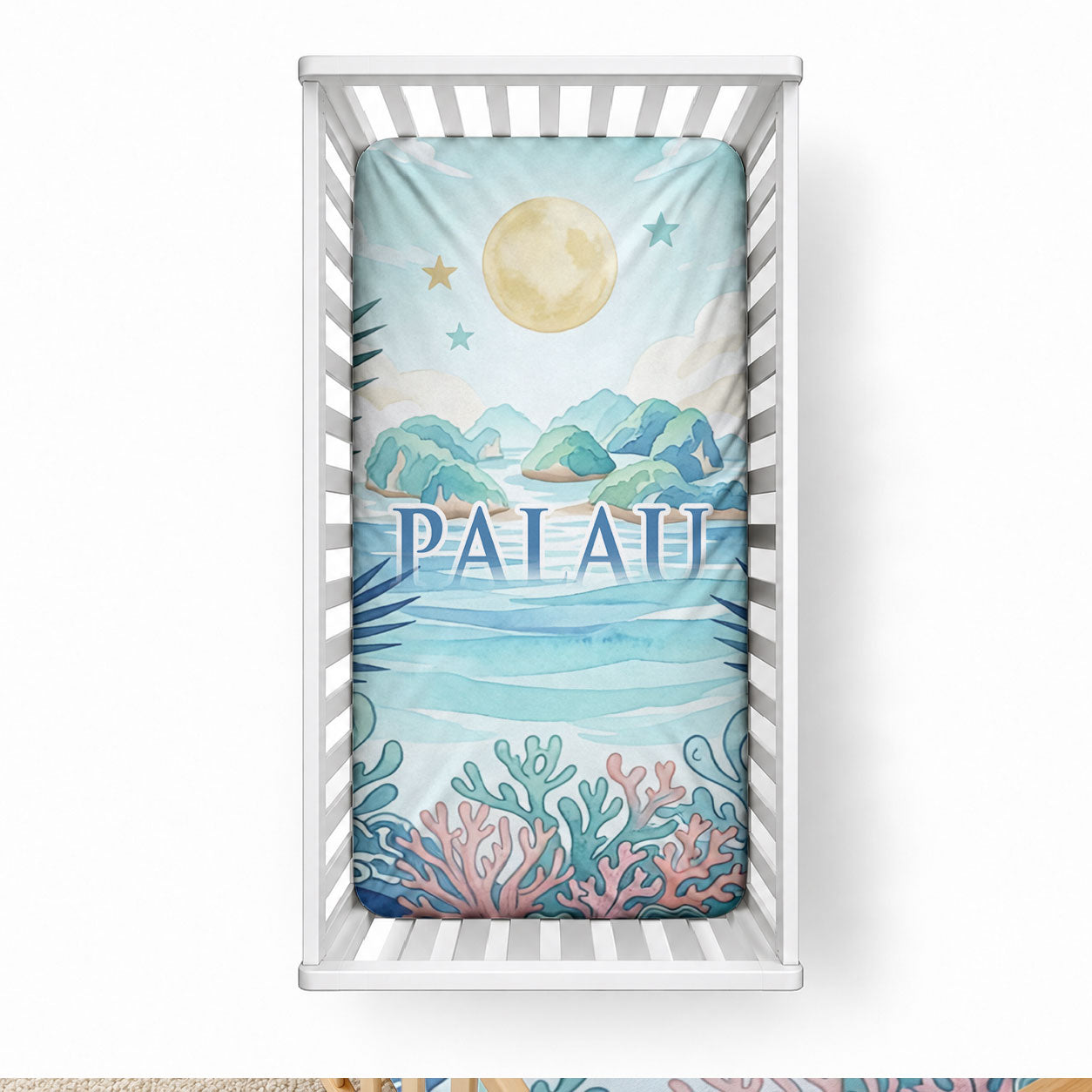 Palau Islands Of Wonder Natural Nature Baby Bed Cover Watercolor Tropical Beach Waterfall Coral Reef Palm Leaves TS04 28 × 52 in Blue Green - Polynesian Pride