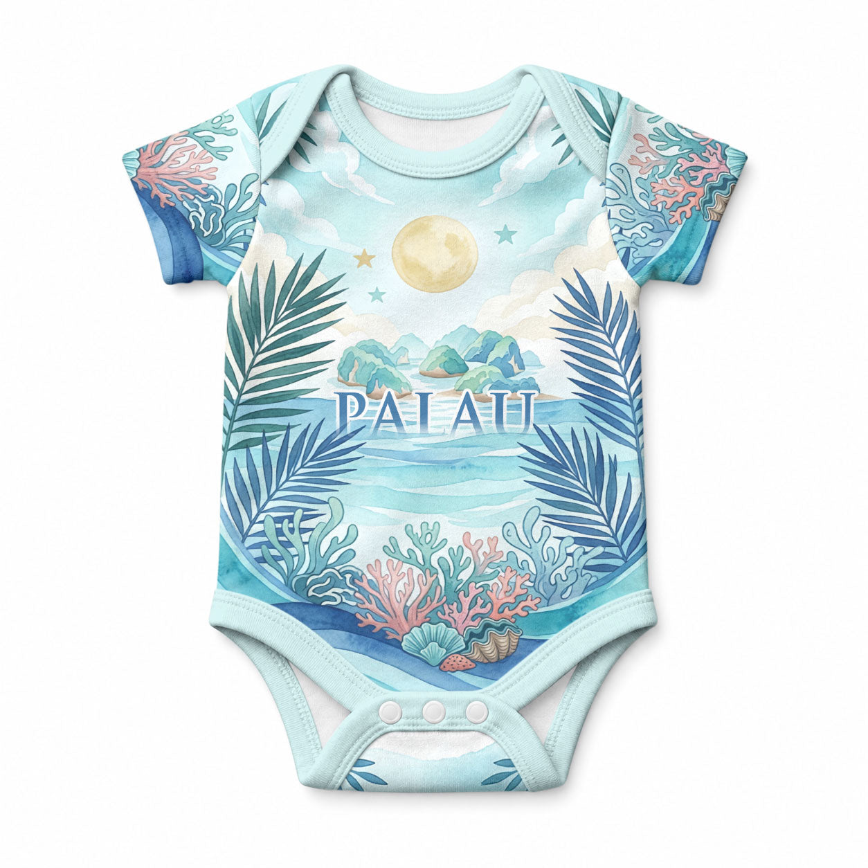 Palau Islands Of Wonder Natural Nature Baby Onesie Watercolor Tropical Beach Waterfall Coral Reef Palm Leaves TS04 Blue Green - Polynesian Pride