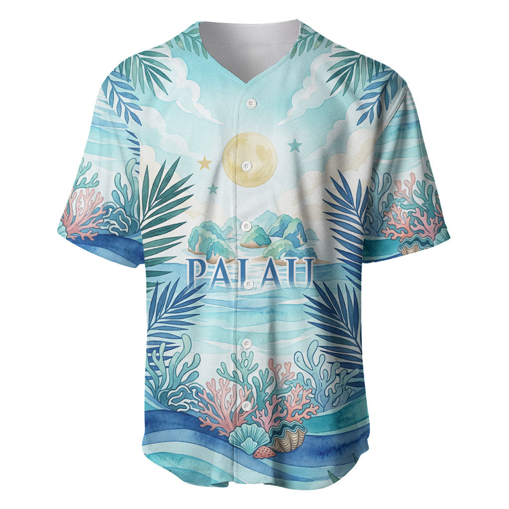 Palau Islands Of Wonder Natural Nature Baseball Jersey Watercolor Tropical Beach Waterfall Coral Reef Palm Leaves TS04 Blue Green - Polynesian Pride