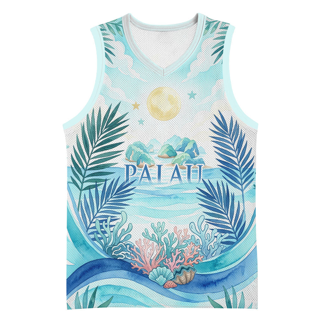 Palau Islands Of Wonder Natural Nature Basketball Jersey Watercolor Tropical Beach Waterfall Coral Reef Palm Leaves TS04 Unisex Blue Green - Polynesian Pride