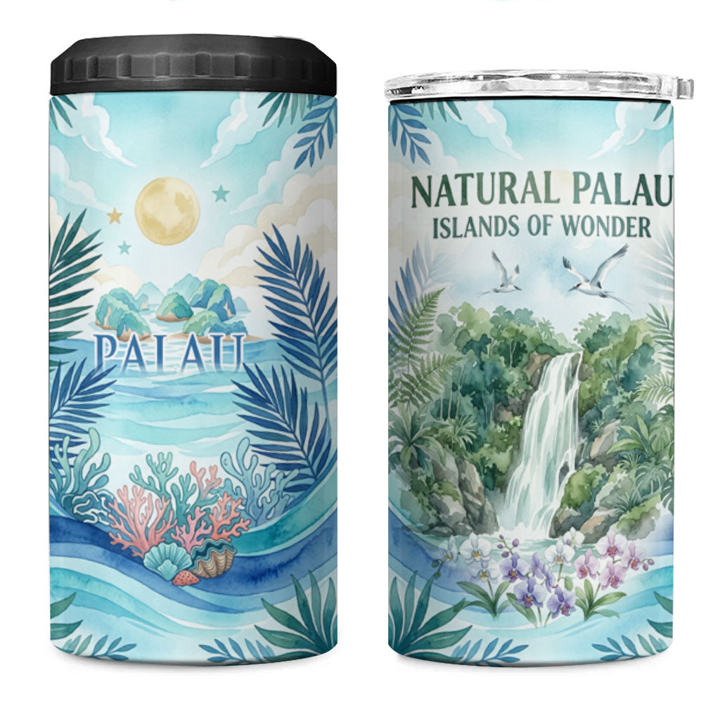 Palau Islands Of Wonder Natural Nature 4 in 1 Can Cooler Tumbler Watercolor Tropical Beach Waterfall Coral Reef Palm Leaves TS04 One Size: 16 oz Blue Green - Polynesian Pride