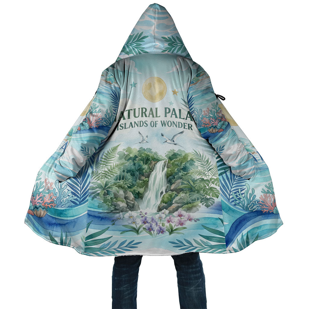 Palau Islands Of Wonder Natural Nature Cloak Watercolor Tropical Beach Waterfall Coral Reef Palm Leaves TS04 Unisex Blue Green - Polynesian Pride