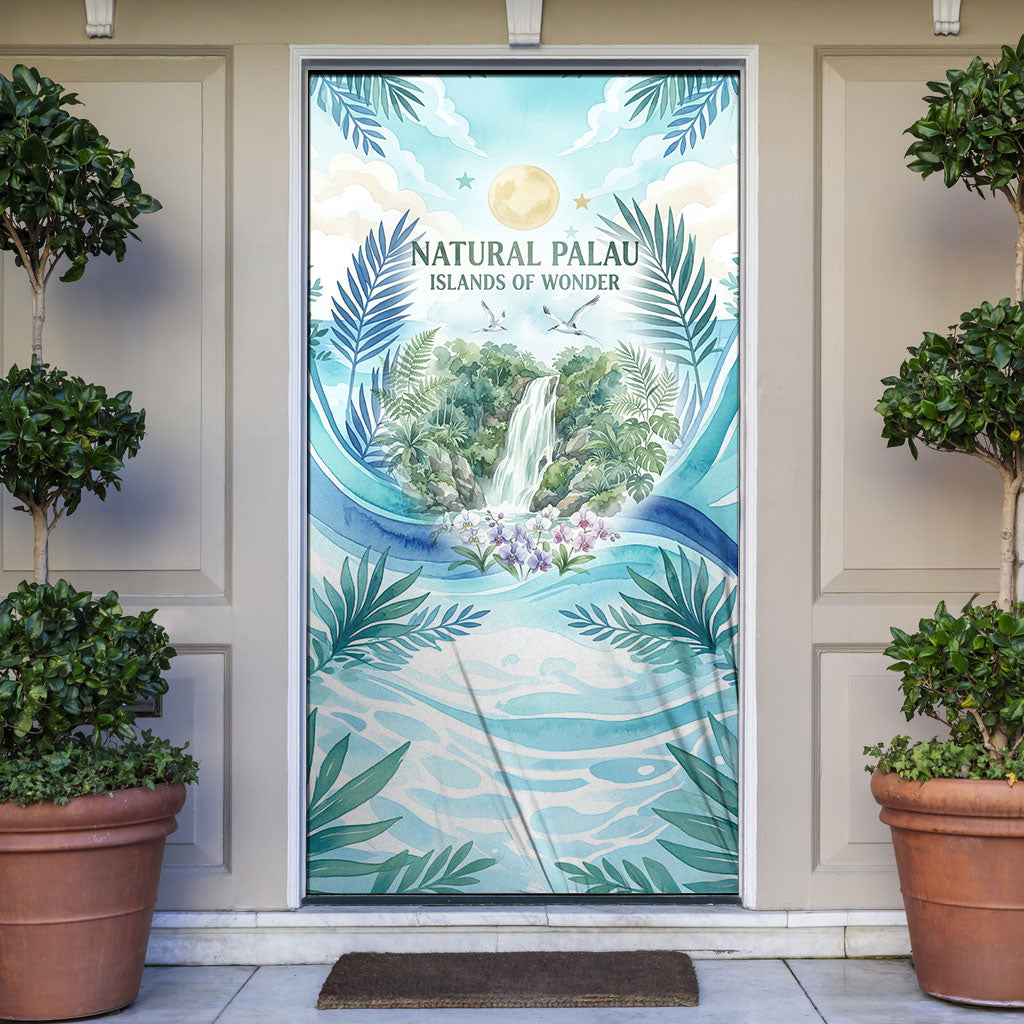 Palau Islands Of Wonder Natural Nature Door Cover Watercolor Tropical Beach Waterfall Coral Reef Palm Leaves TS04 Blue Green - Polynesian Pride
