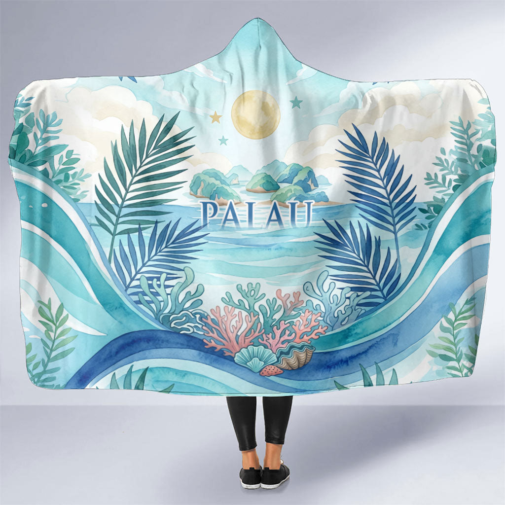 Palau Islands Of Wonder Natural Nature Hooded Blanket Watercolor Tropical Beach Waterfall Coral Reef Palm Leaves TS04 One Size Blue Green - Polynesian Pride