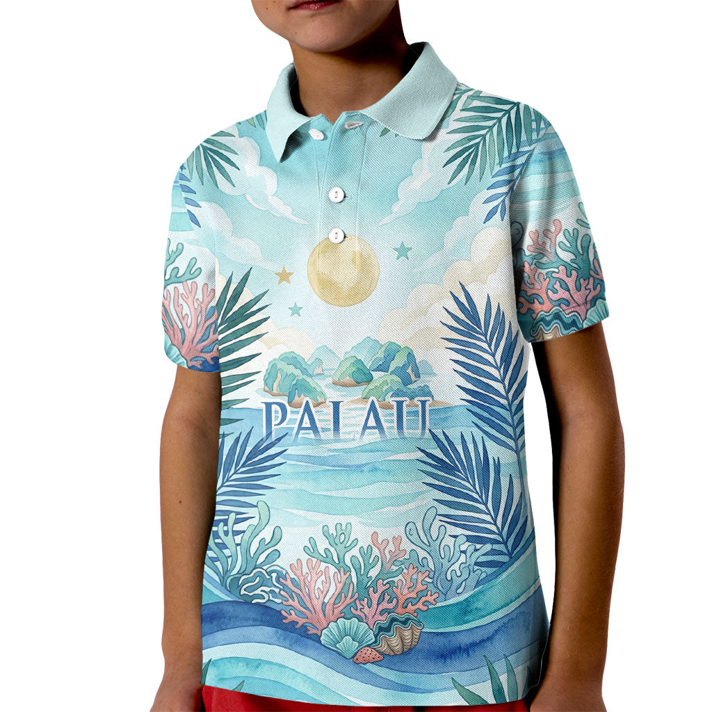 Palau Islands Of Wonder Natural Nature Kid Polo Shirt Watercolor Tropical Beach Waterfall Coral Reef Palm Leaves TS04 Kid Blue Green - Polynesian Pride