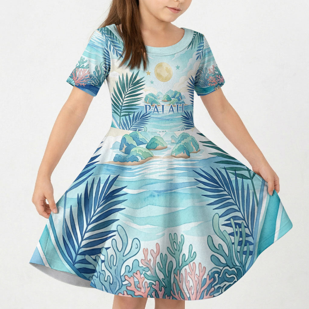 Palau Islands Of Wonder Natural Nature Kid Short Sleeve Dress Watercolor Tropical Beach Waterfall Coral Reef Palm Leaves TS04 KID Blue Green - Polynesian Pride