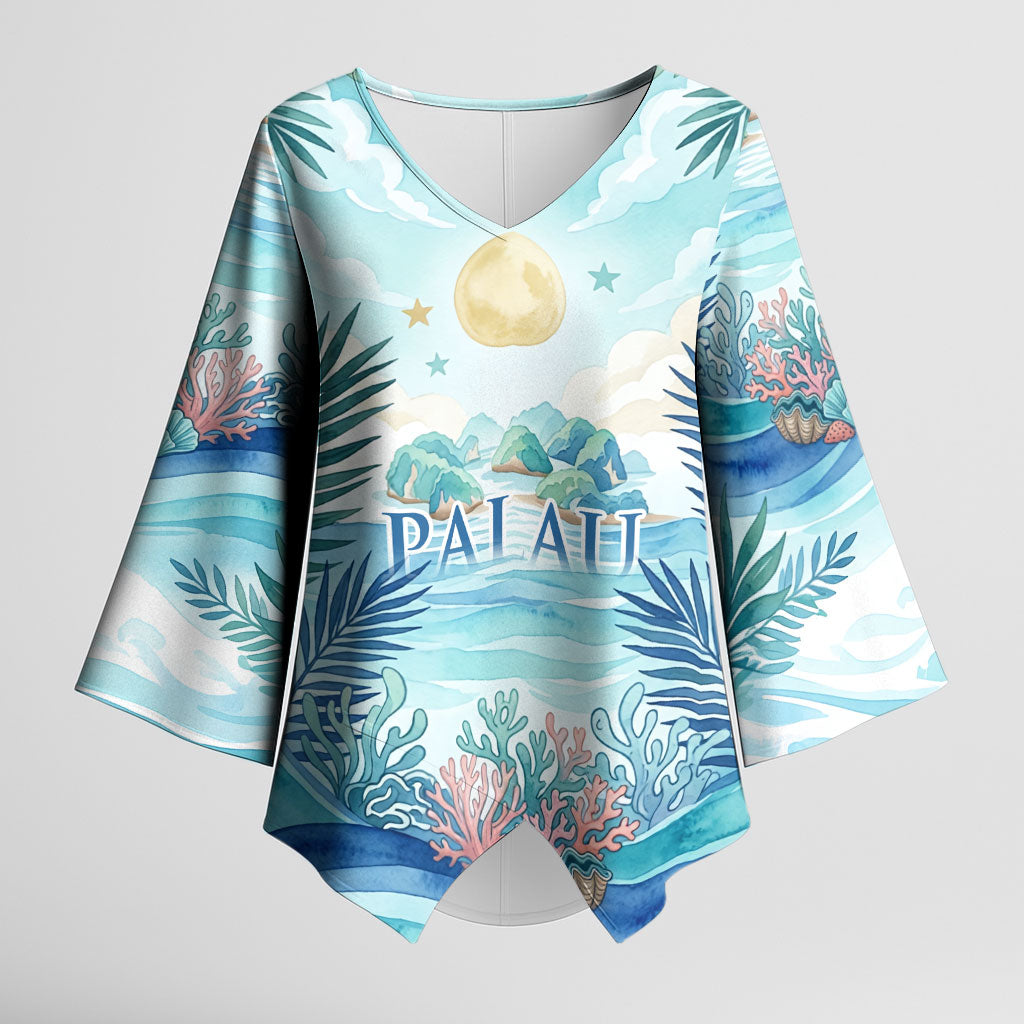 Palau Islands Of Wonder Natural Nature Kimono Sleeve Blouse Watercolor Tropical Beach Waterfall Coral Reef Palm Leaves TS04 Female Blue Green - Polynesian Pride