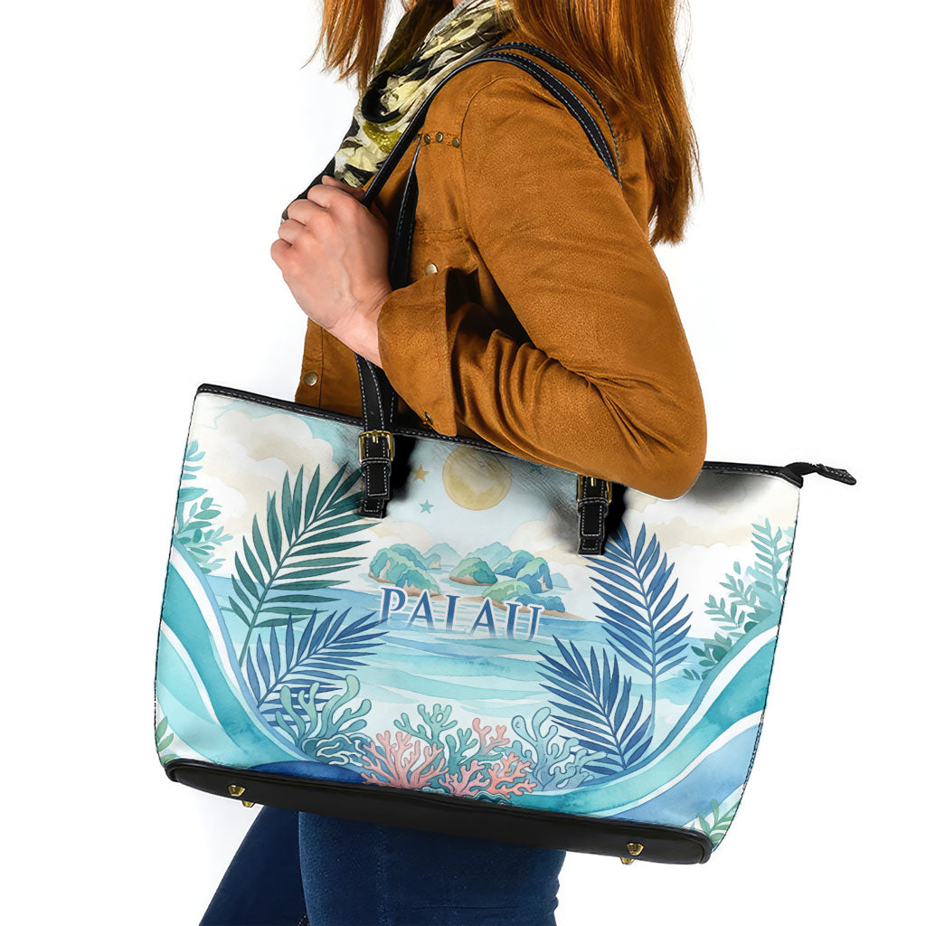 Palau Islands Of Wonder Natural Nature Leather Tote Bag Watercolor Tropical Beach Waterfall Coral Reef Palm Leaves TS04 Blue Green - Polynesian Pride