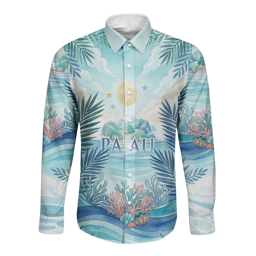 Palau Islands Of Wonder Natural Nature Long Sleeve Button Shirt Watercolor Tropical Beach Waterfall Coral Reef Palm Leaves TS04 Unisex Blue Green - Polynesian Pride