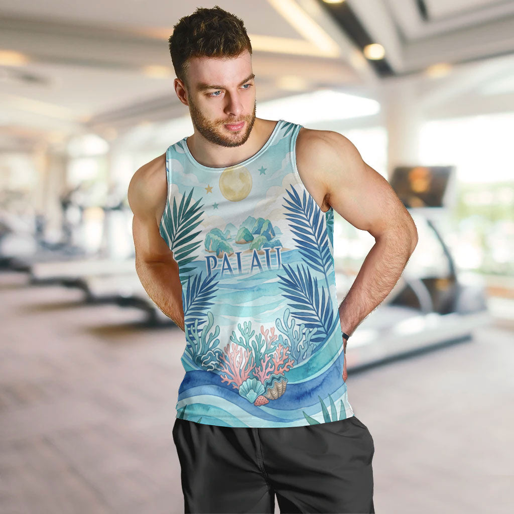 Palau Islands Of Wonder Natural Nature Men Tank Top Watercolor Tropical Beach Waterfall Coral Reef Palm Leaves TS04 Blue Green - Polynesian Pride