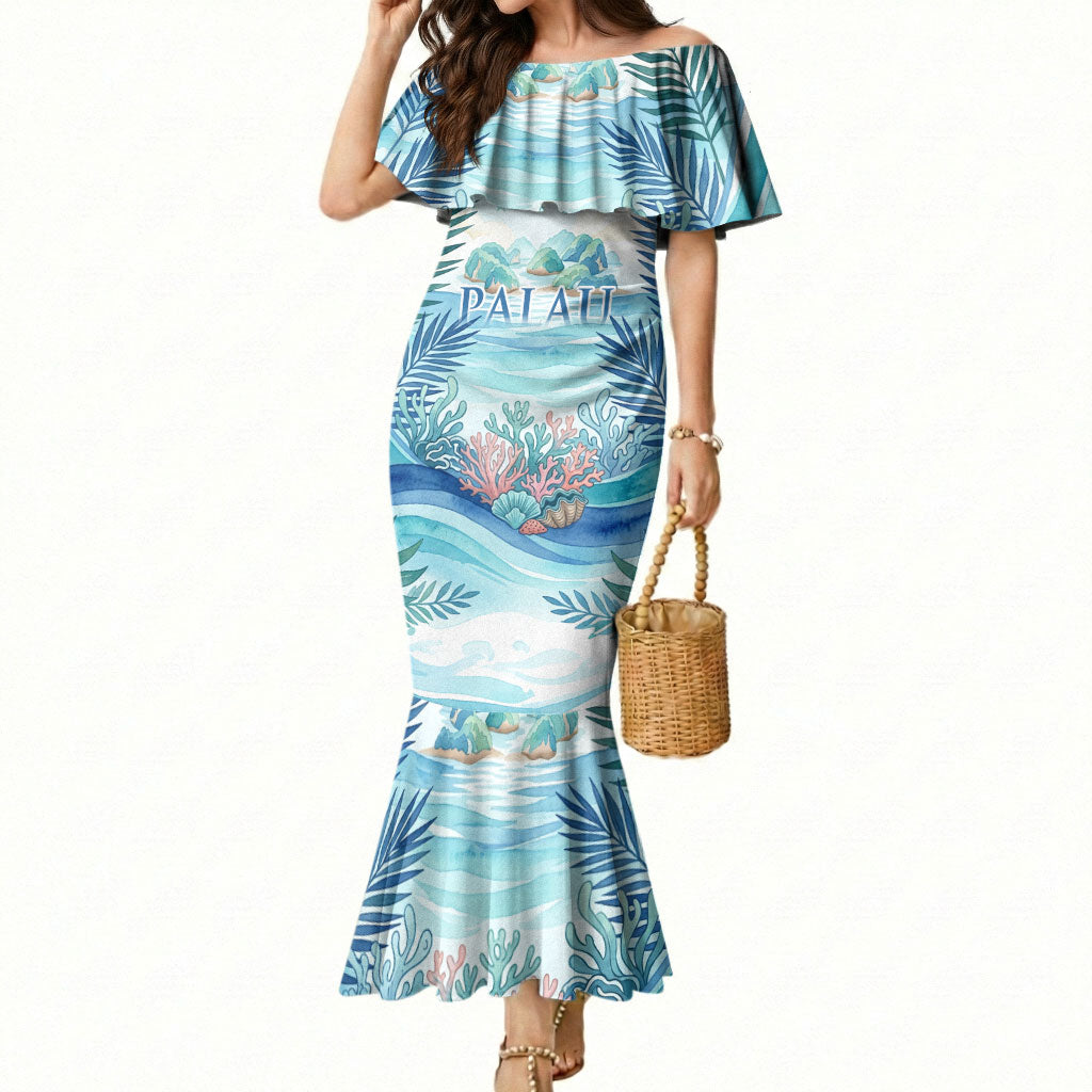 Palau Islands Of Wonder Natural Nature Mermaid Dress Watercolor Tropical Beach Waterfall Coral Reef Palm Leaves TS04 Women Blue Green - Polynesian Pride