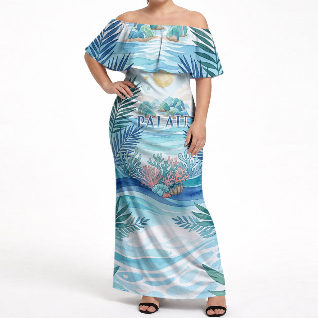 Palau Islands Of Wonder Natural Nature Off Shoulder Maxi Dress Watercolor Tropical Beach Waterfall Coral Reef Palm Leaves TS04 Women Blue Green - Polynesian Pride