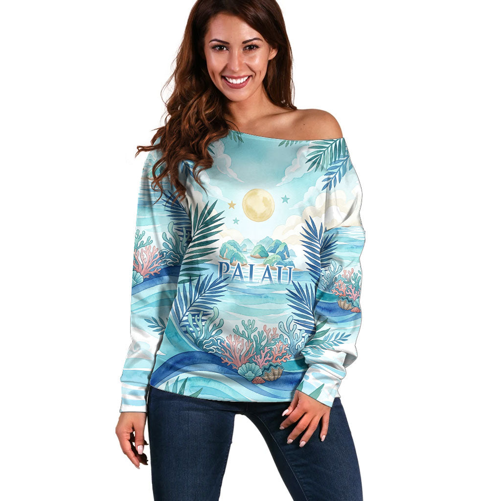 Palau Islands Of Wonder Natural Nature Off Shoulder Sweater Watercolor Tropical Beach Waterfall Coral Reef Palm Leaves TS04 Women Blue Green - Polynesian Pride