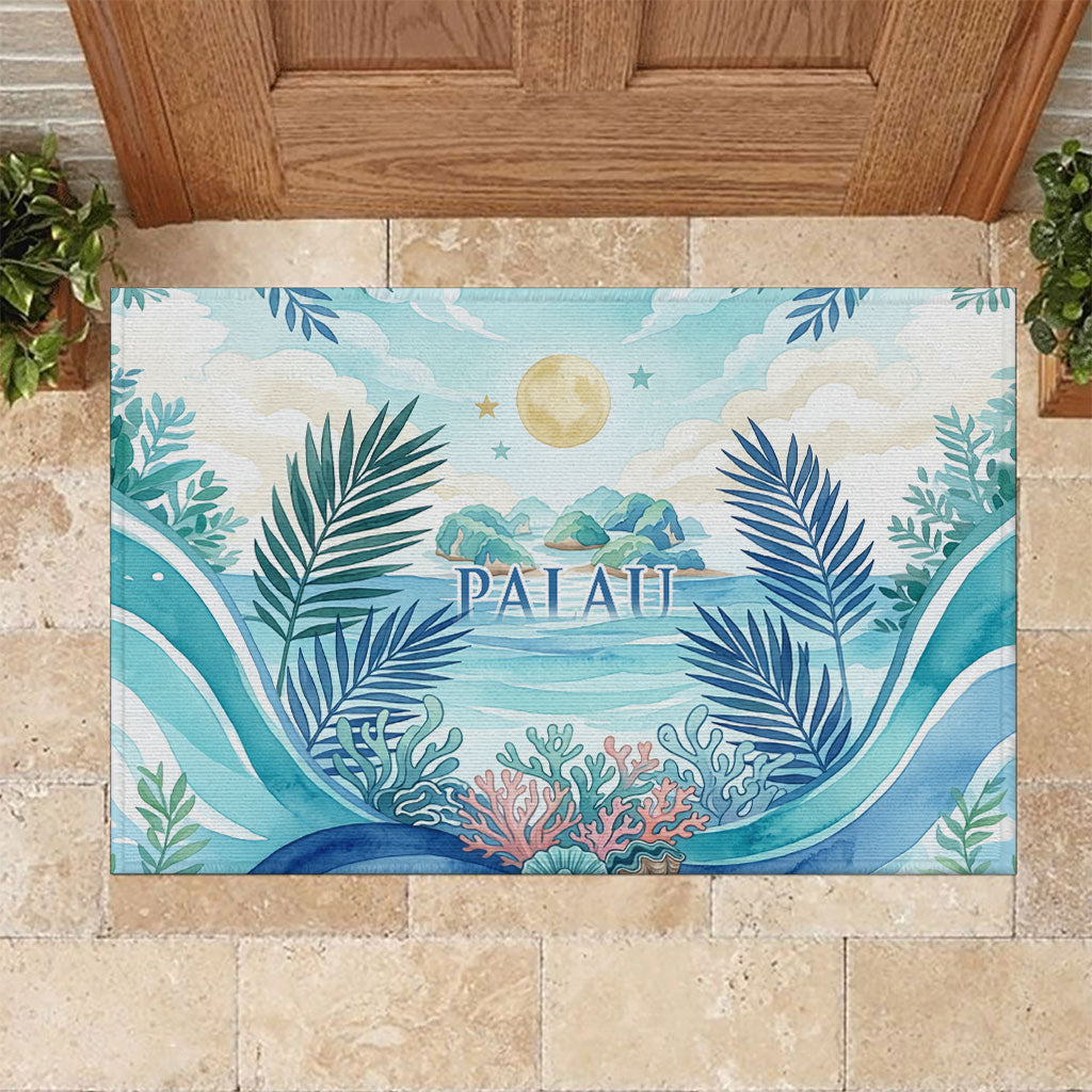 Palau Islands Of Wonder Natural Nature Rubber Doormat Watercolor Tropical Beach Waterfall Coral Reef Palm Leaves TS04 Blue Green - Polynesian Pride