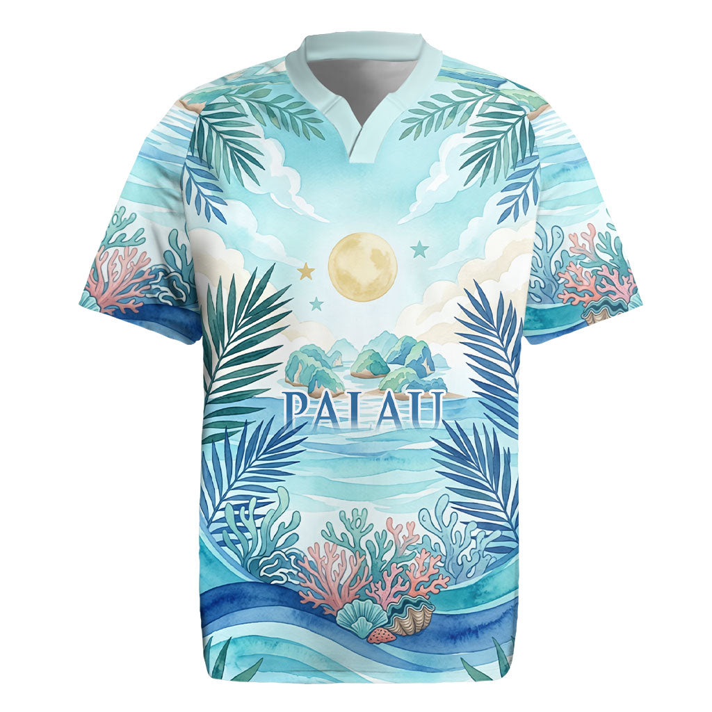 Palau Islands Of Wonder Natural Nature Rugby Jersey Watercolor Tropical Beach Waterfall Coral Reef Palm Leaves TS04 Blue Green - Polynesian Pride