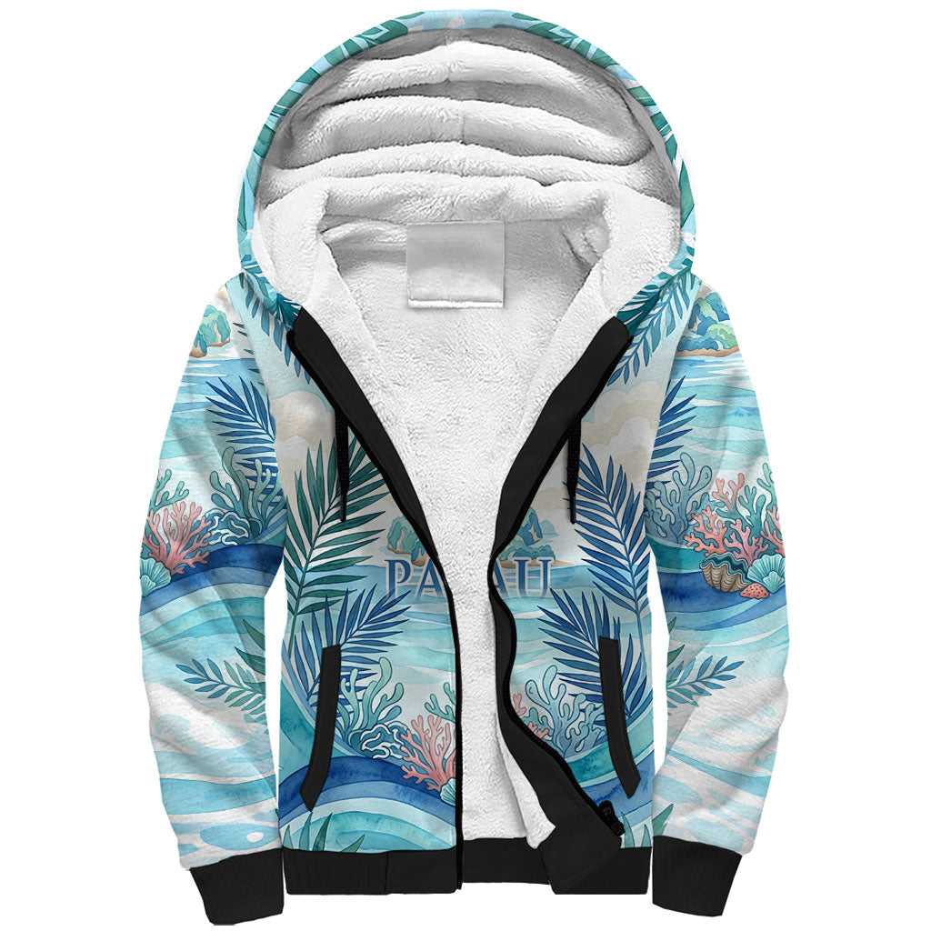 Palau Islands Of Wonder Natural Nature Sherpa Hoodie Watercolor Tropical Beach Waterfall Coral Reef Palm Leaves TS04 Unisex Blue Green - Polynesian Pride