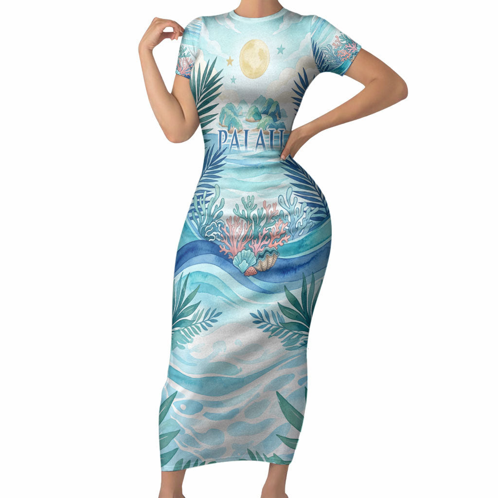 Palau Islands Of Wonder Natural Nature Short Sleeve Bodycon Dress Watercolor Tropical Beach Waterfall Coral Reef Palm Leaves TS04 Long Dress Blue Green - Polynesian Pride