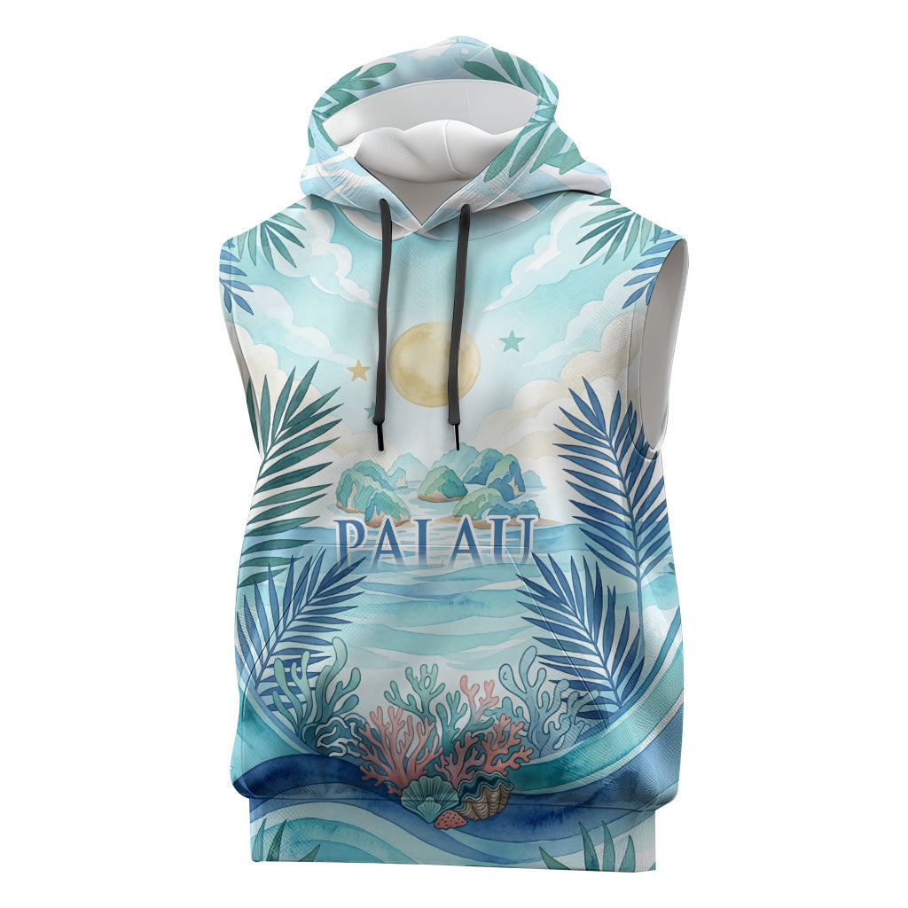 Palau Islands Of Wonder Natural Nature Sleeveless Hoodie Watercolor Tropical Beach Waterfall Coral Reef Palm Leaves TS04 Blue Green - Polynesian Pride