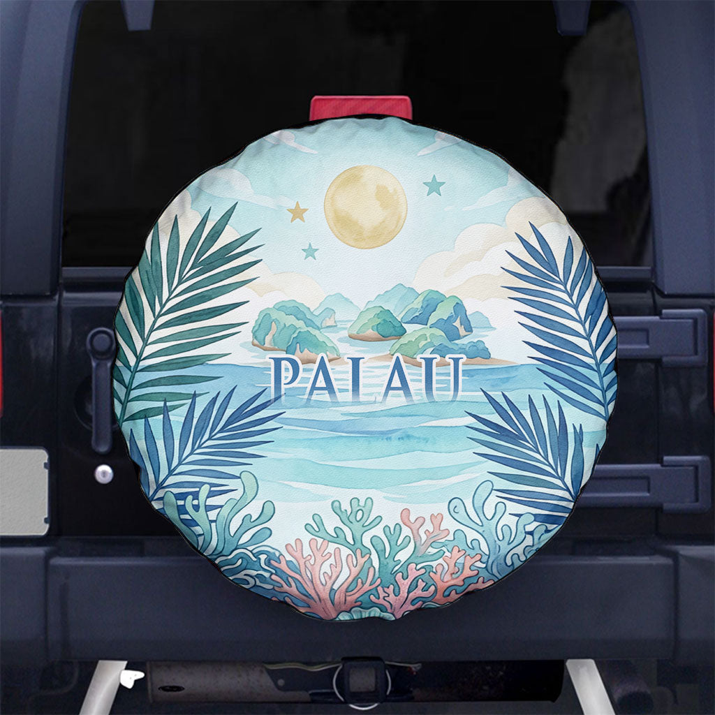 Palau Islands Of Wonder Natural Nature Spare Tire Cover Watercolor Tropical Beach Waterfall Coral Reef Palm Leaves TS04 No hole Blue Green - Polynesian Pride