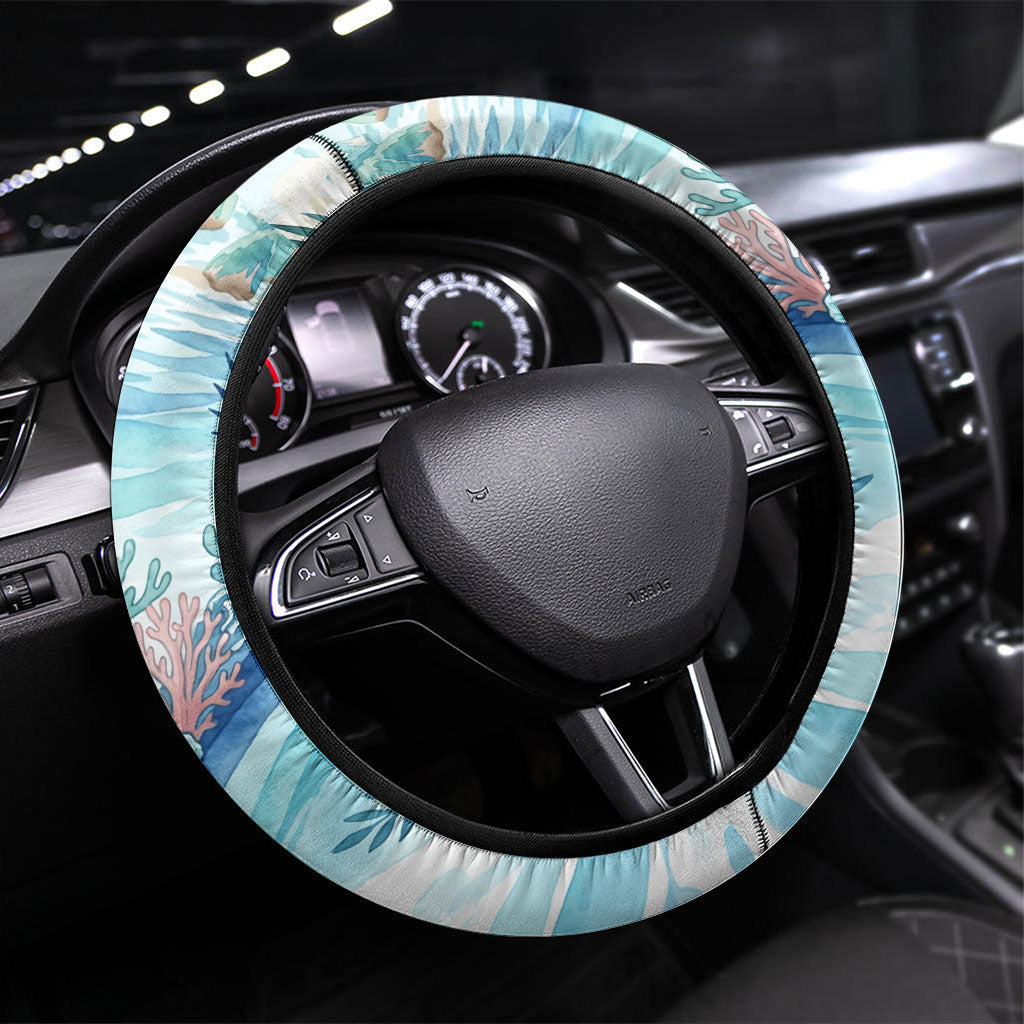 Palau Islands Of Wonder Natural Nature Steering Wheel Cover Watercolor Tropical Beach Waterfall Coral Reef Palm Leaves TS04 Universal Fit Blue Green - Polynesian Pride