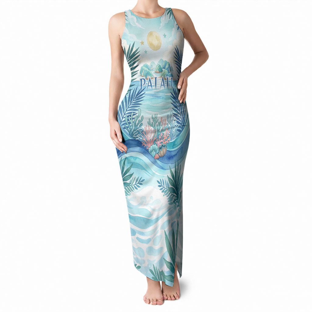Palau Islands Of Wonder Natural Nature Tank Maxi Dress Watercolor Tropical Beach Waterfall Coral Reef Palm Leaves TS04 Women Blue Green - Polynesian Pride