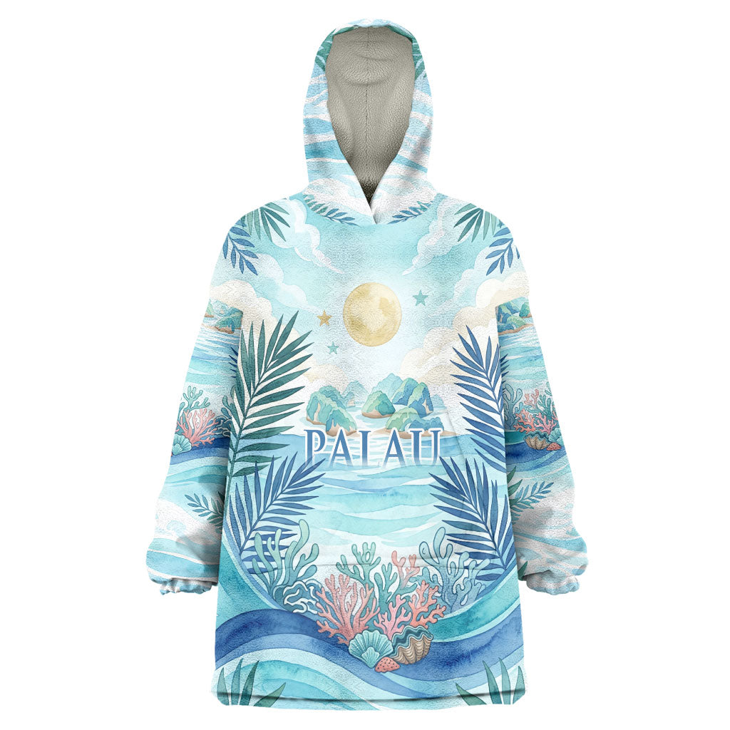 Palau Islands Of Wonder Natural Nature Wearable Blanket Hoodie Watercolor Tropical Beach Waterfall Coral Reef Palm Leaves TS04 One Size Blue Green - Polynesian Pride