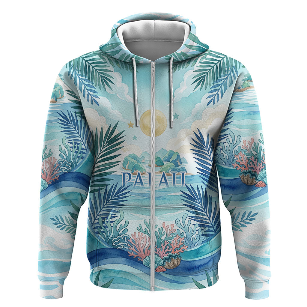 Palau Islands Of Wonder Natural Nature Zip Hoodie Watercolor Tropical Beach Waterfall Coral Reef Palm Leaves TS04 Zip Hoodie Blue Green - Polynesian Pride