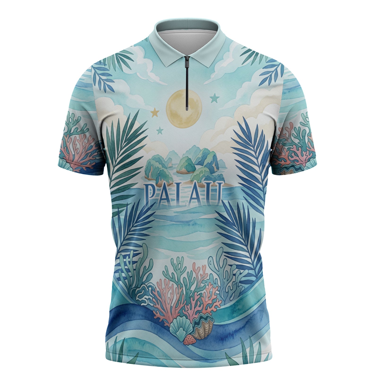 Palau Islands Of Wonder Natural Nature Zipper Polo Shirt Watercolor Tropical Beach Waterfall Coral Reef Palm Leaves TS04 Blue Green - Polynesian Pride