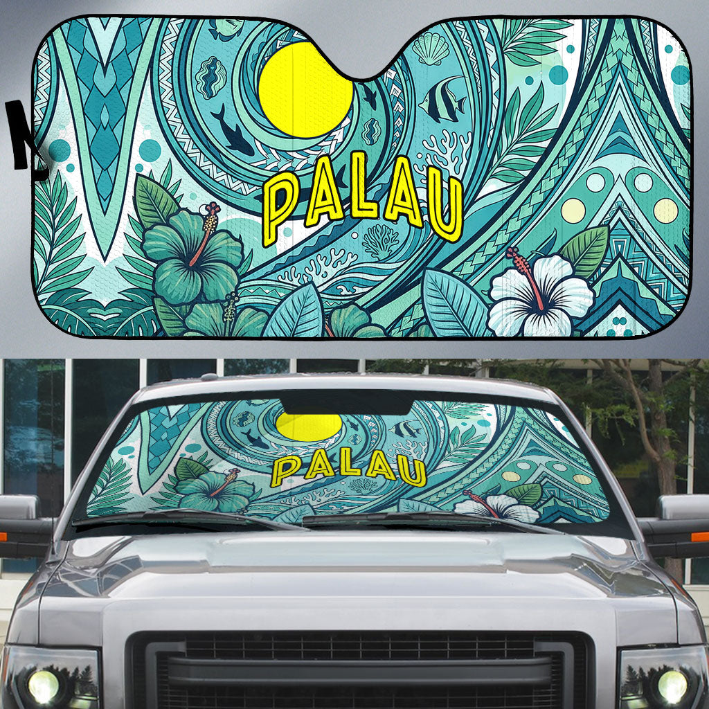 Palau Official Seal Flag Auto Sun Shade Tribal Pattern Ocean Marine Life Tropical Hibiscus TS04 Blue Green - Polynesian Pride